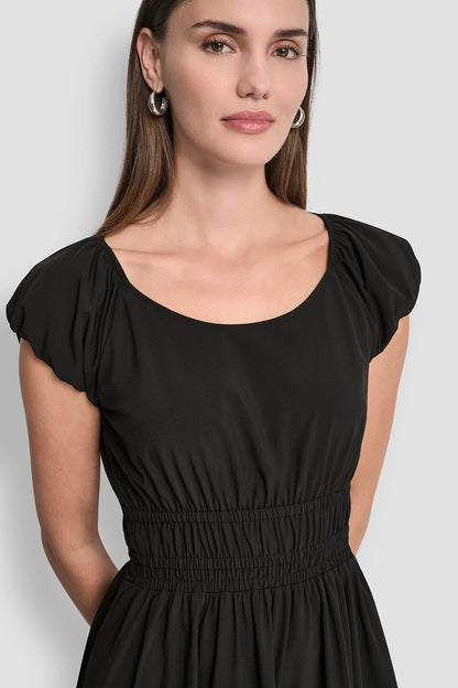 DKNY PUFF SLEEVE FIT & FLARE MIDI DRESS