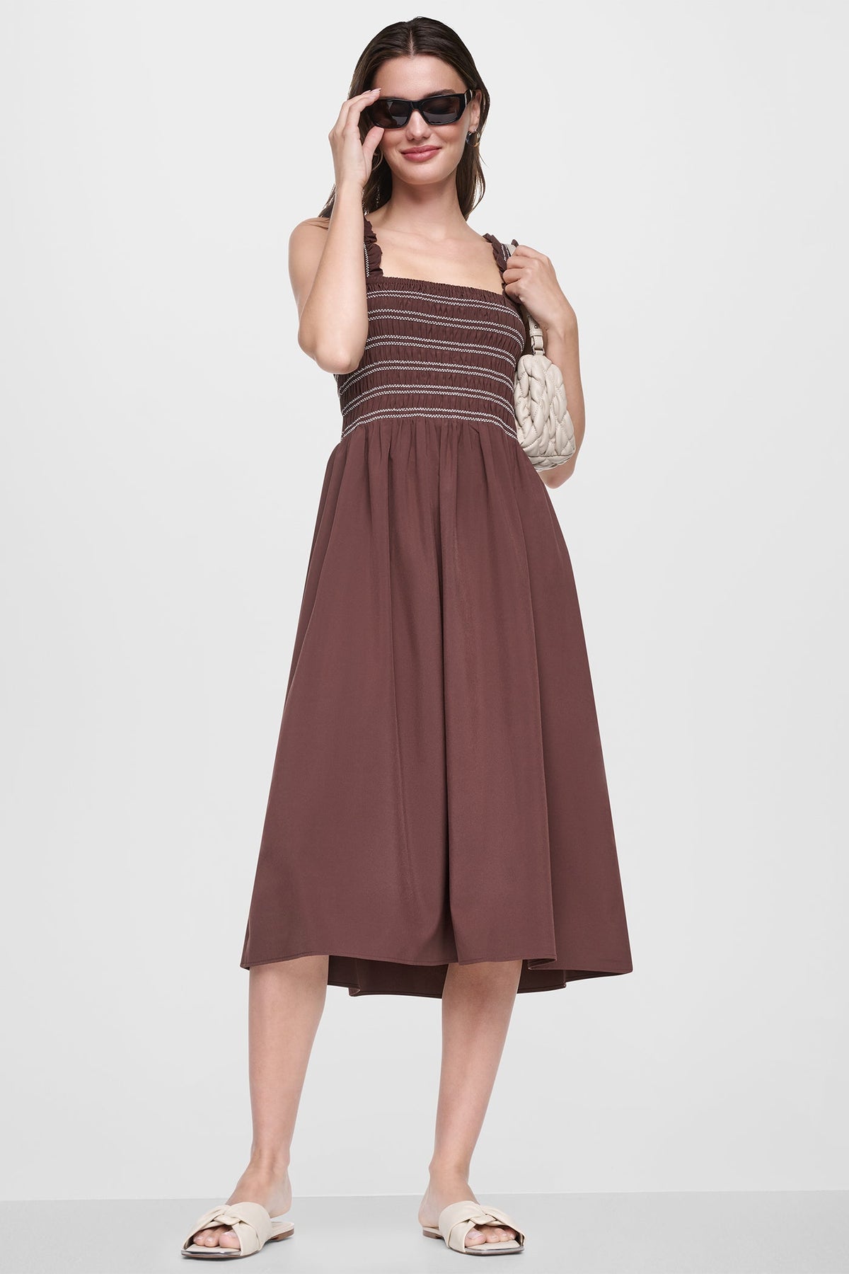 DKNY SLEEVELESS SMOCKED MIDI A-LINE DRESS