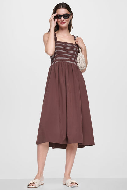 DKNY SLEEVELESS SMOCKED MIDI A-LINE DRESS