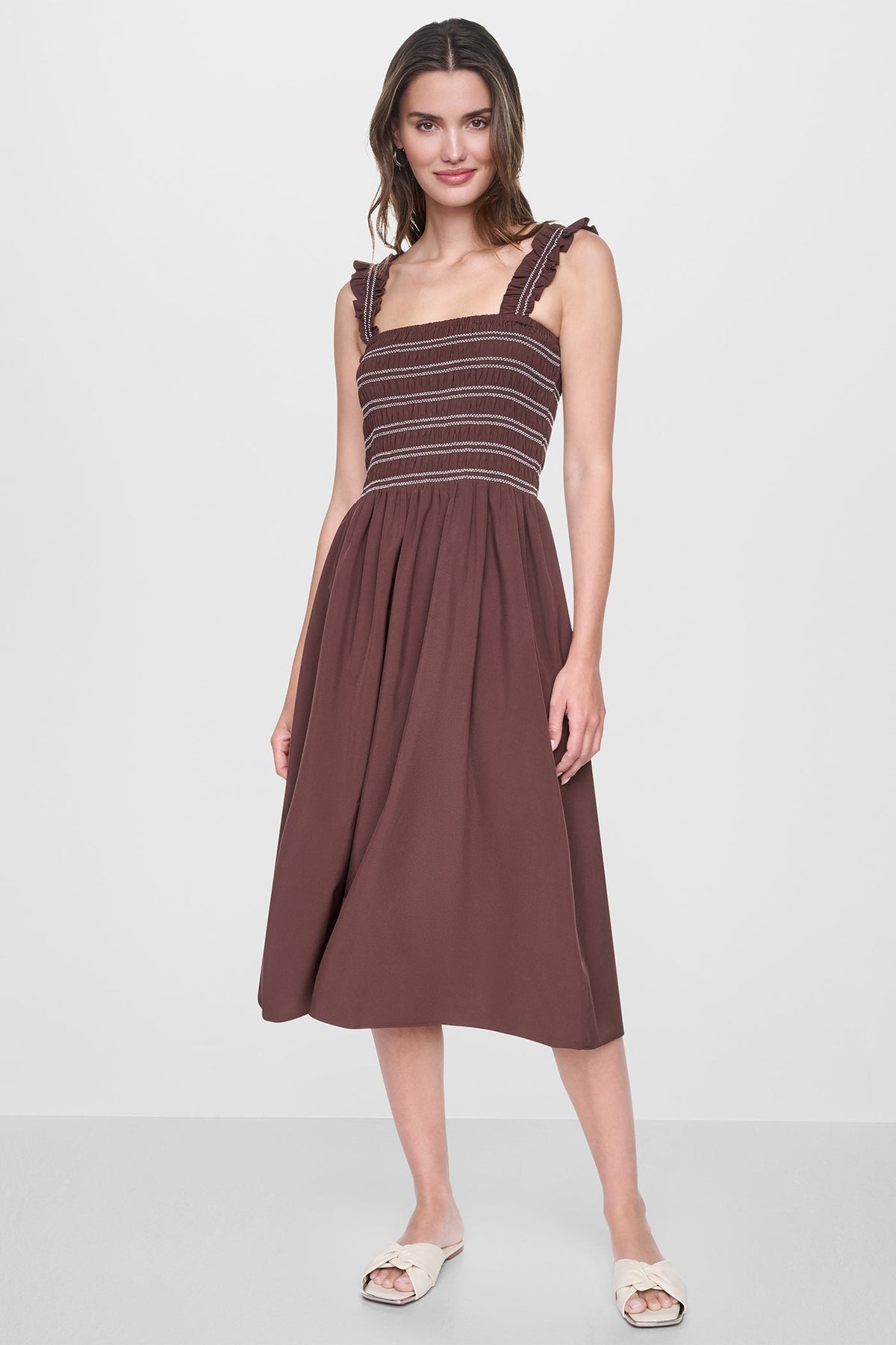 DKNY SLEEVELESS SMOCKED MIDI A-LINE DRESS