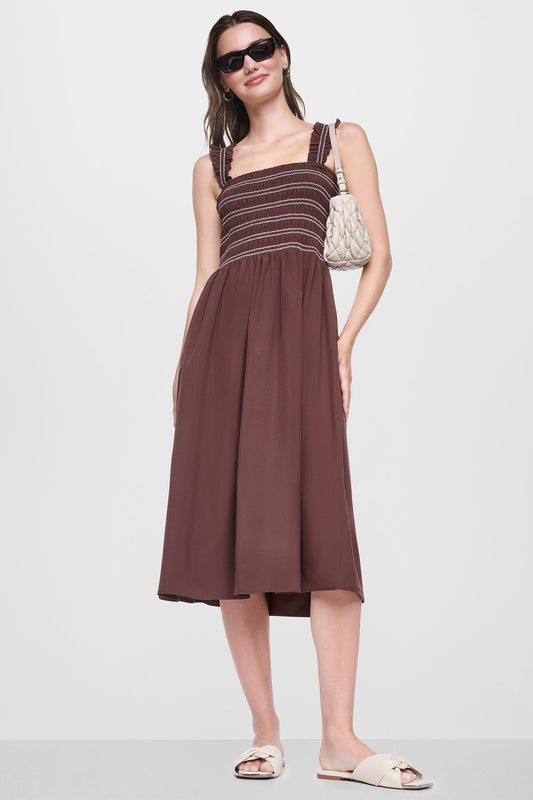 DKNY SLEEVELESS SMOCKED MIDI A-LINE DRESS
