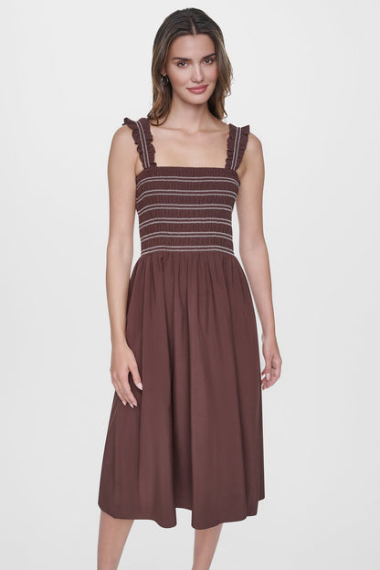 DKNY SLEEVELESS SMOCKED MIDI A-LINE DRESS