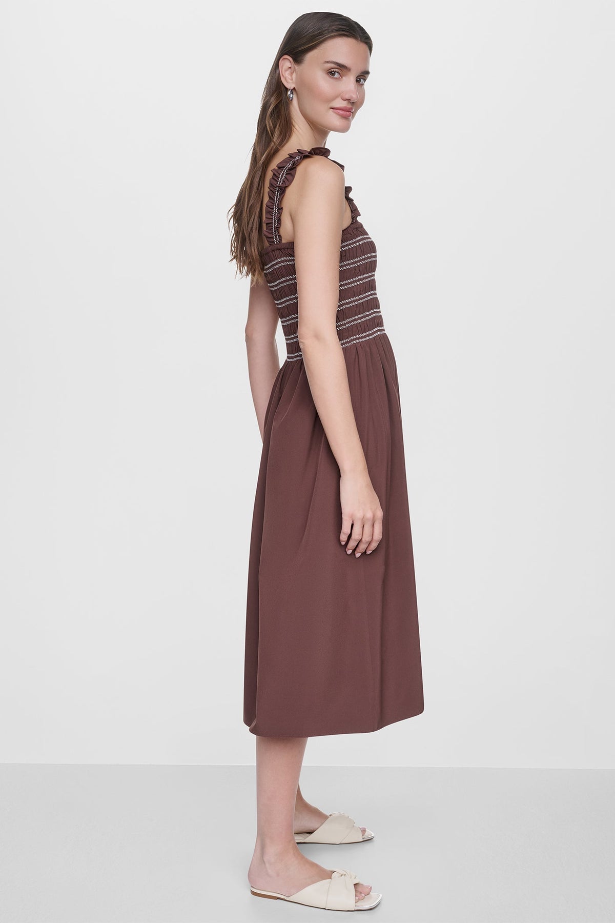 DKNY SLEEVELESS SMOCKED MIDI A-LINE DRESS