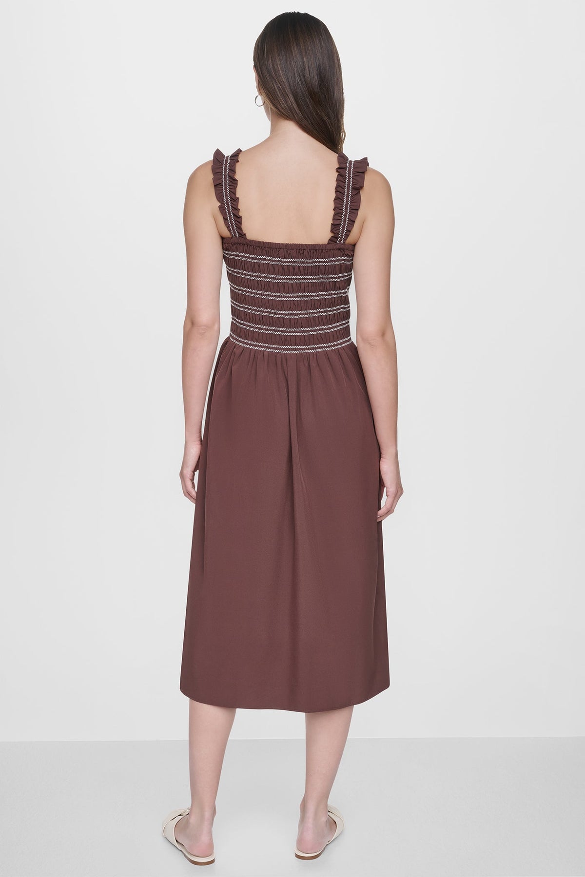 DKNY SLEEVELESS SMOCKED MIDI A-LINE DRESS