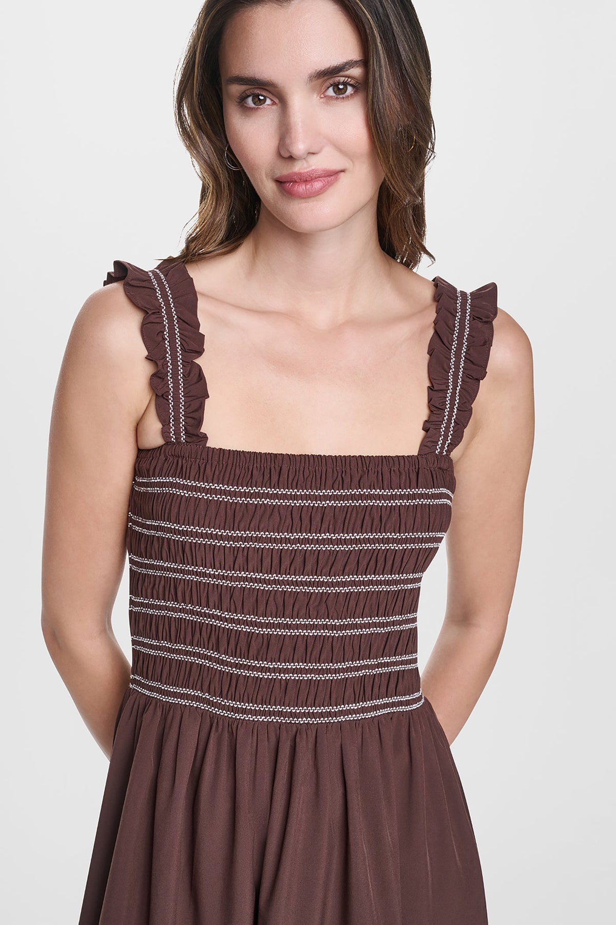 DKNY SLEEVELESS SMOCKED MIDI A-LINE DRESS
