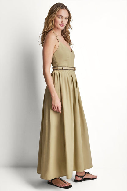 DKNY STRAPPY V-NECK MAXI DRESS WITH RAFFIA BELT