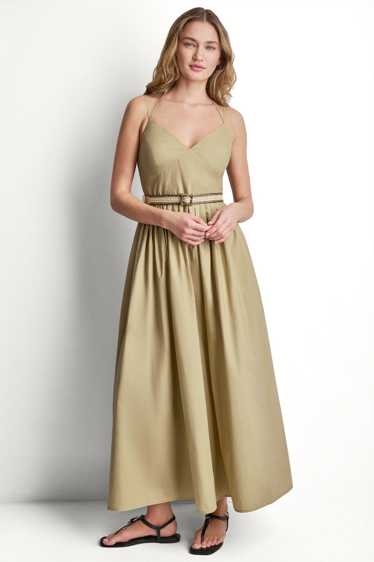 DKNY STRAPPY V-NECK MAXI DRESS WITH RAFFIA BELT