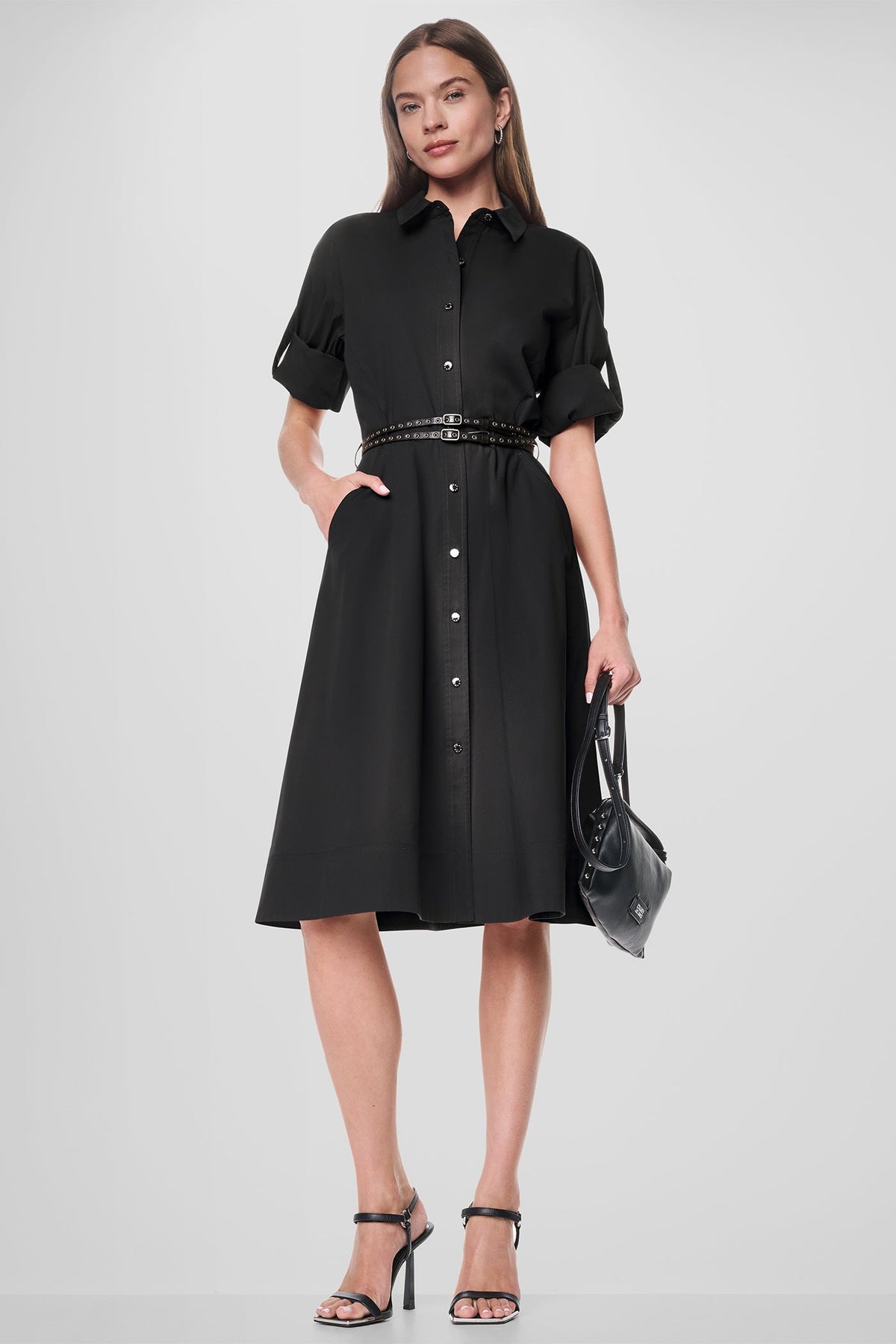 DKNY ROLL TAB BELTED POPLIN DRESS