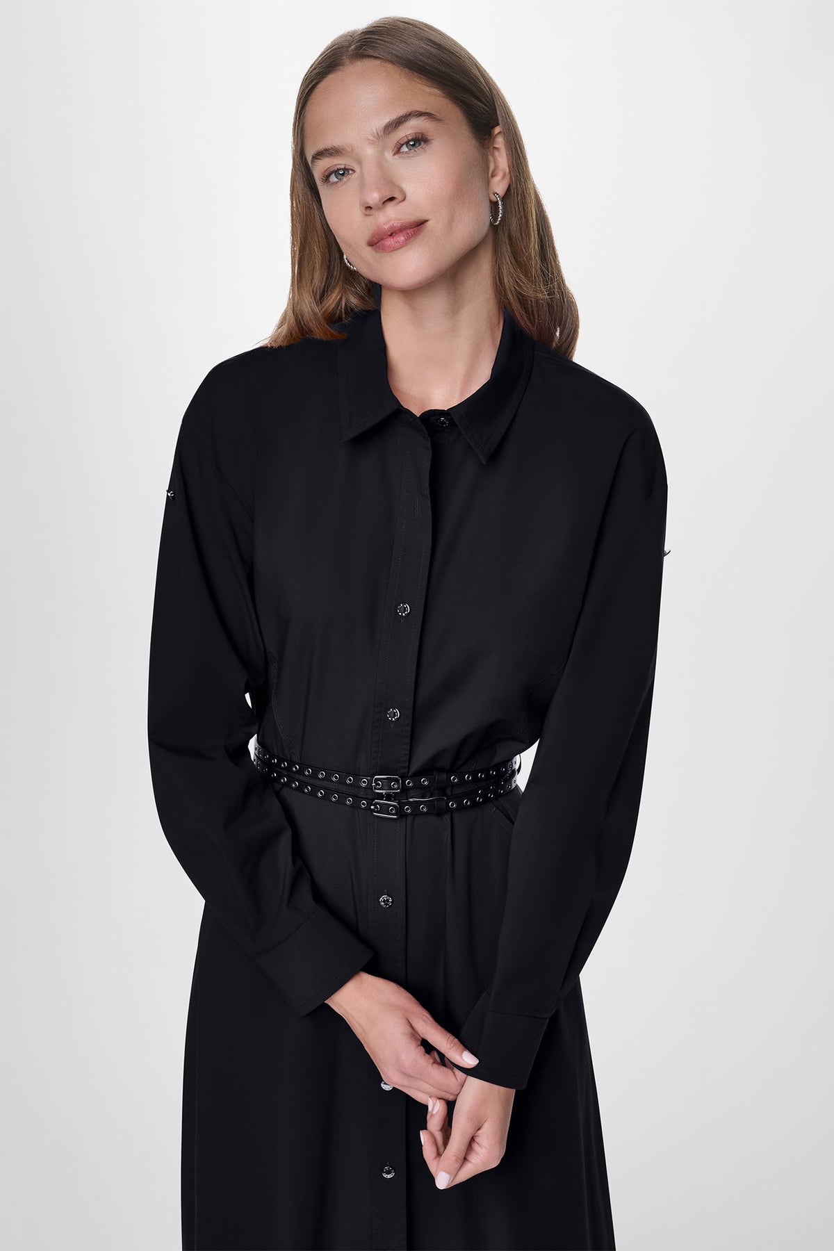 DKNY ROLL TAB BELTED POPLIN DRESS