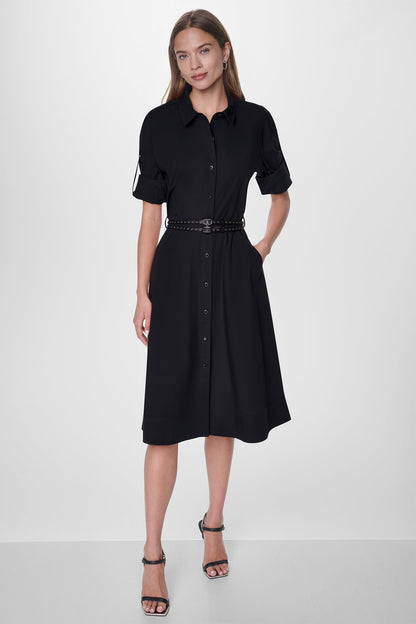 DKNY ROLL TAB BELTED POPLIN DRESS