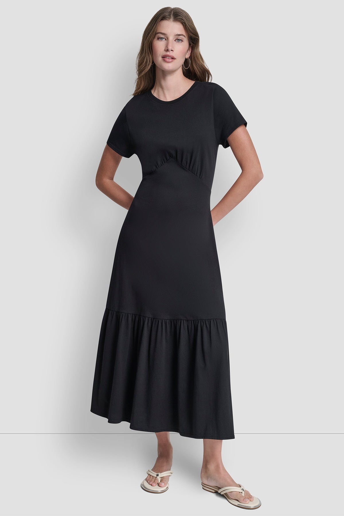 DKNY RUCHED BODICE TIERED MAXI DRESS