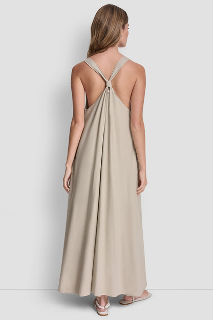 DKNY LINEN-BLEND TIE BACK MAXI DRESS