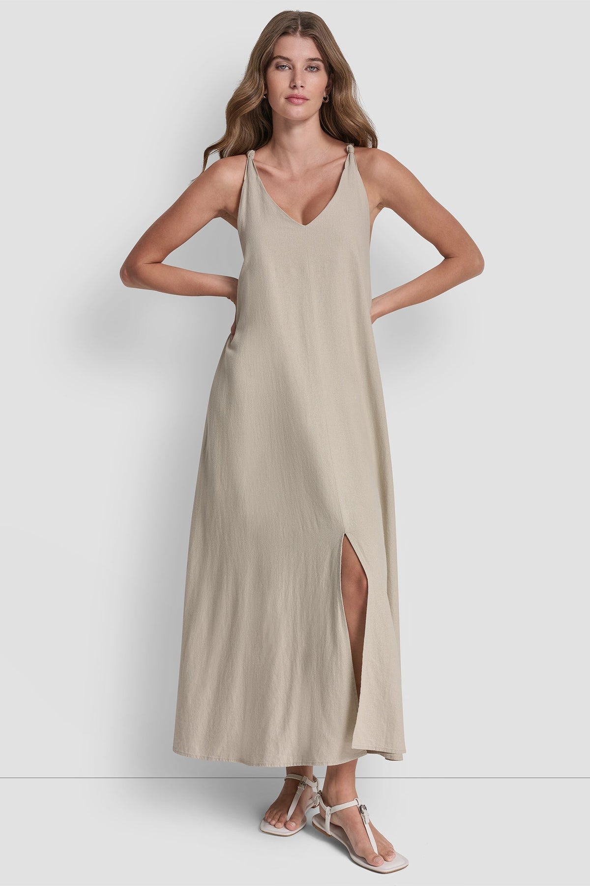 DKNY LINEN-BLEND TIE BACK MAXI DRESS