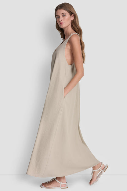 DKNY LINEN-BLEND TIE BACK MAXI DRESS