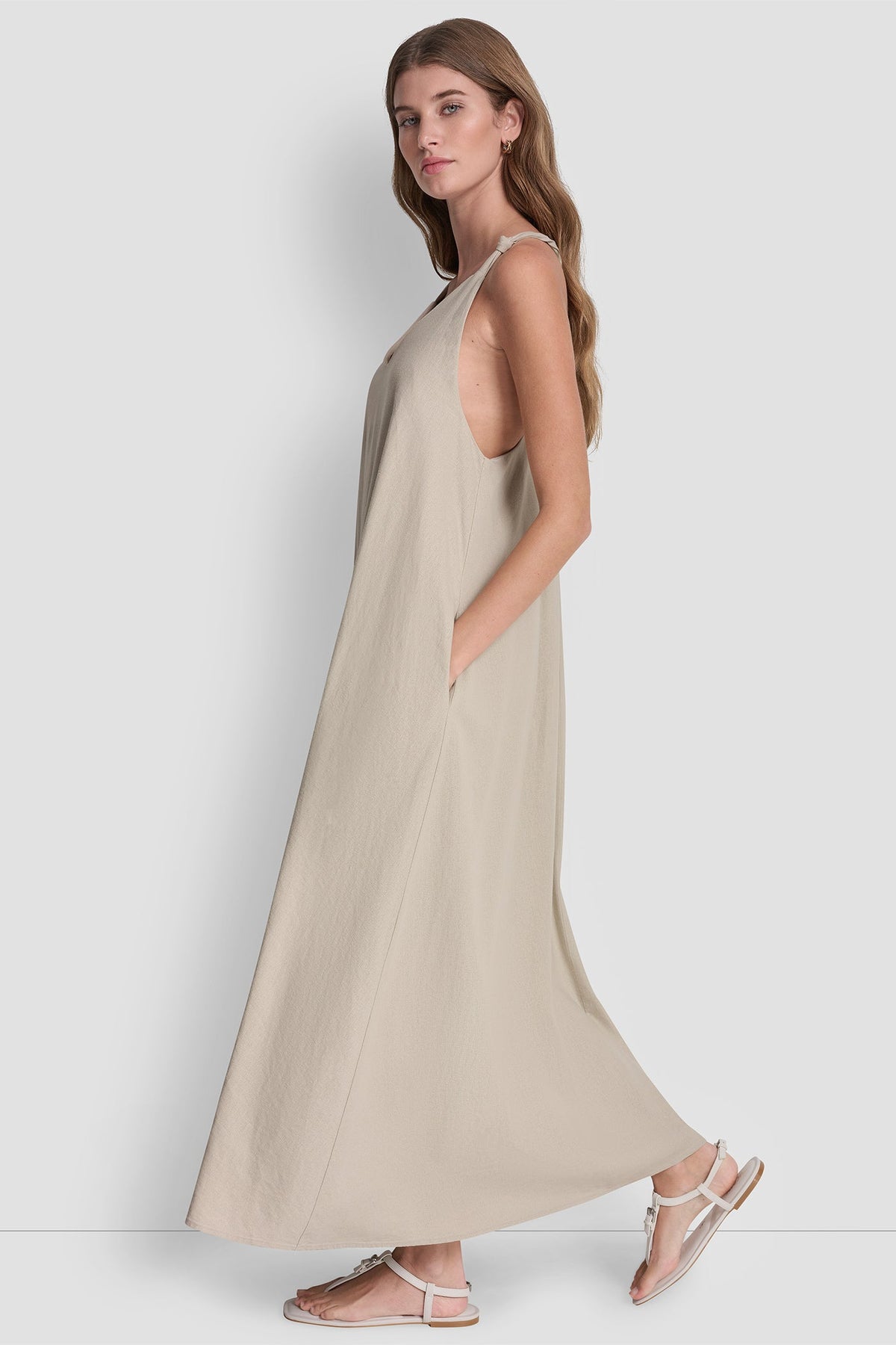 DKNY LINEN-BLEND TIE BACK MAXI DRESS