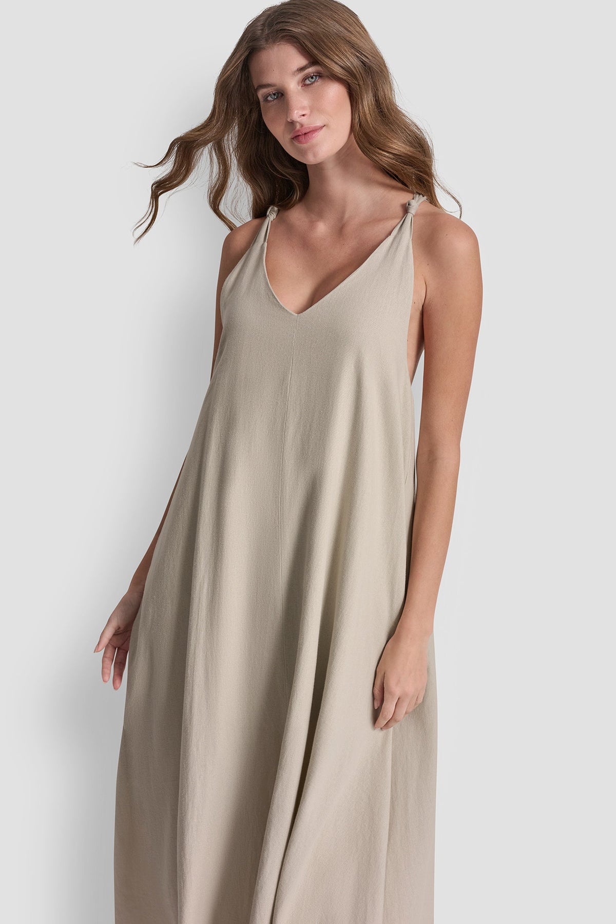 DKNY LINEN-BLEND TIE BACK MAXI DRESS