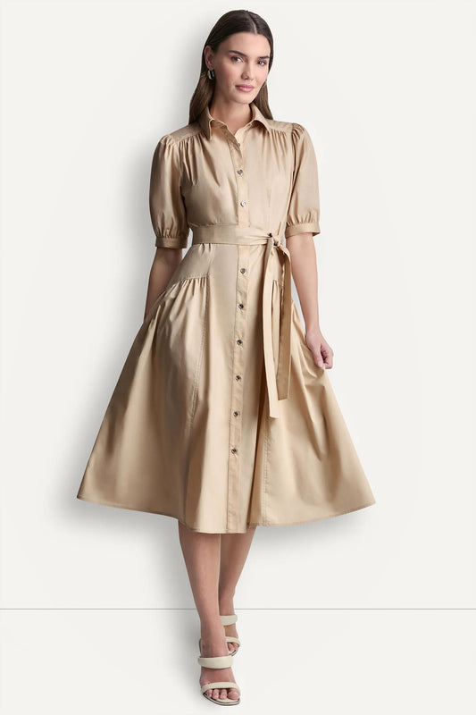 DKNY COTTON-BLEND DROP-WAIST MIDI SHIRT DRESS