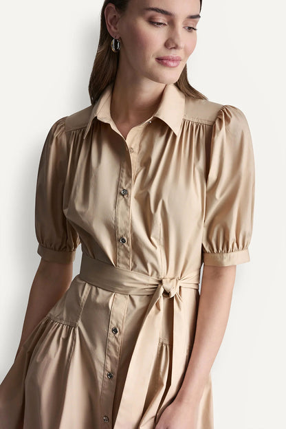 DKNY COTTON-BLEND DROP-WAIST MIDI SHIRT DRESS