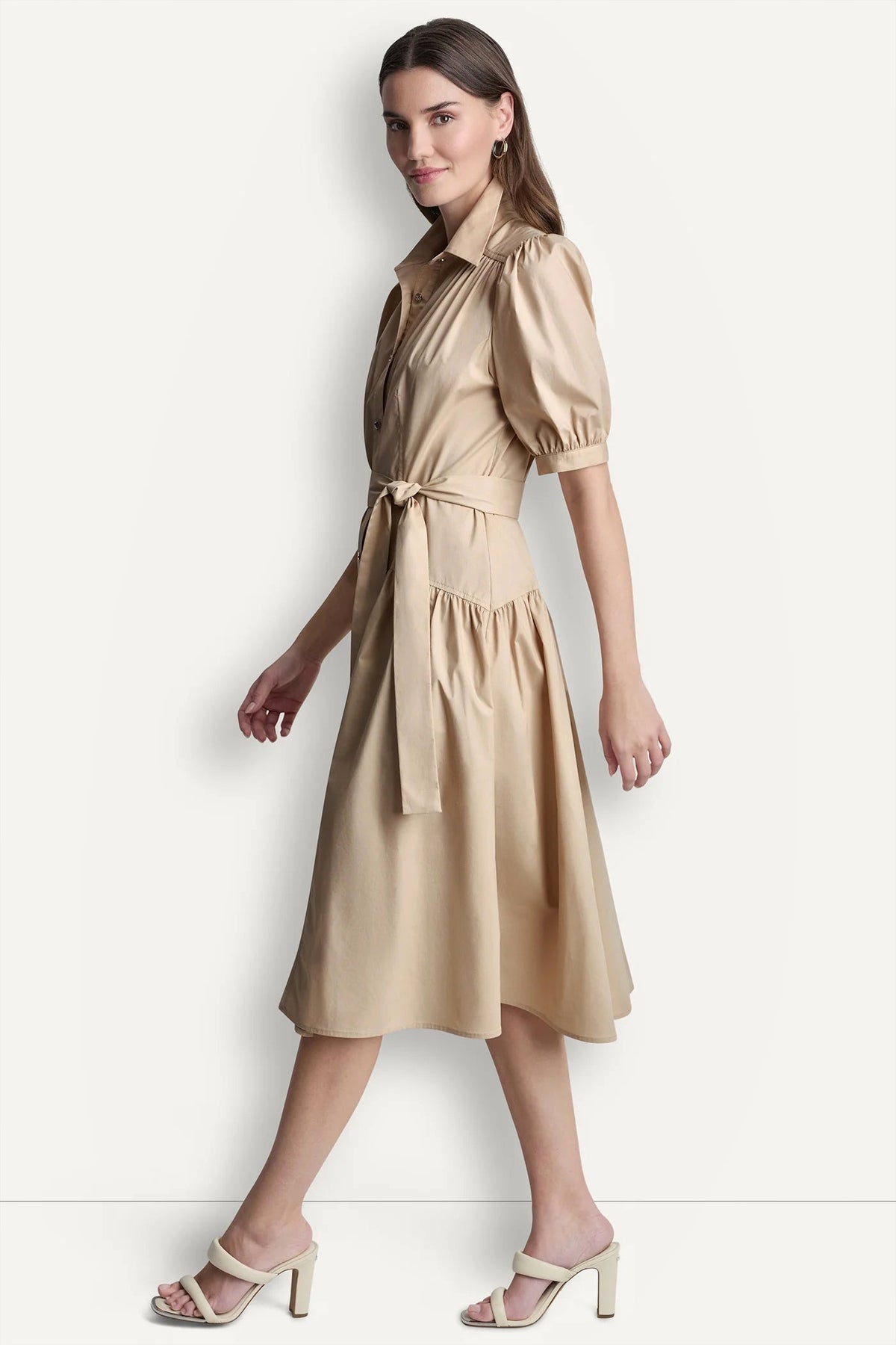 DKNY COTTON-BLEND DROP-WAIST MIDI SHIRT DRESS
