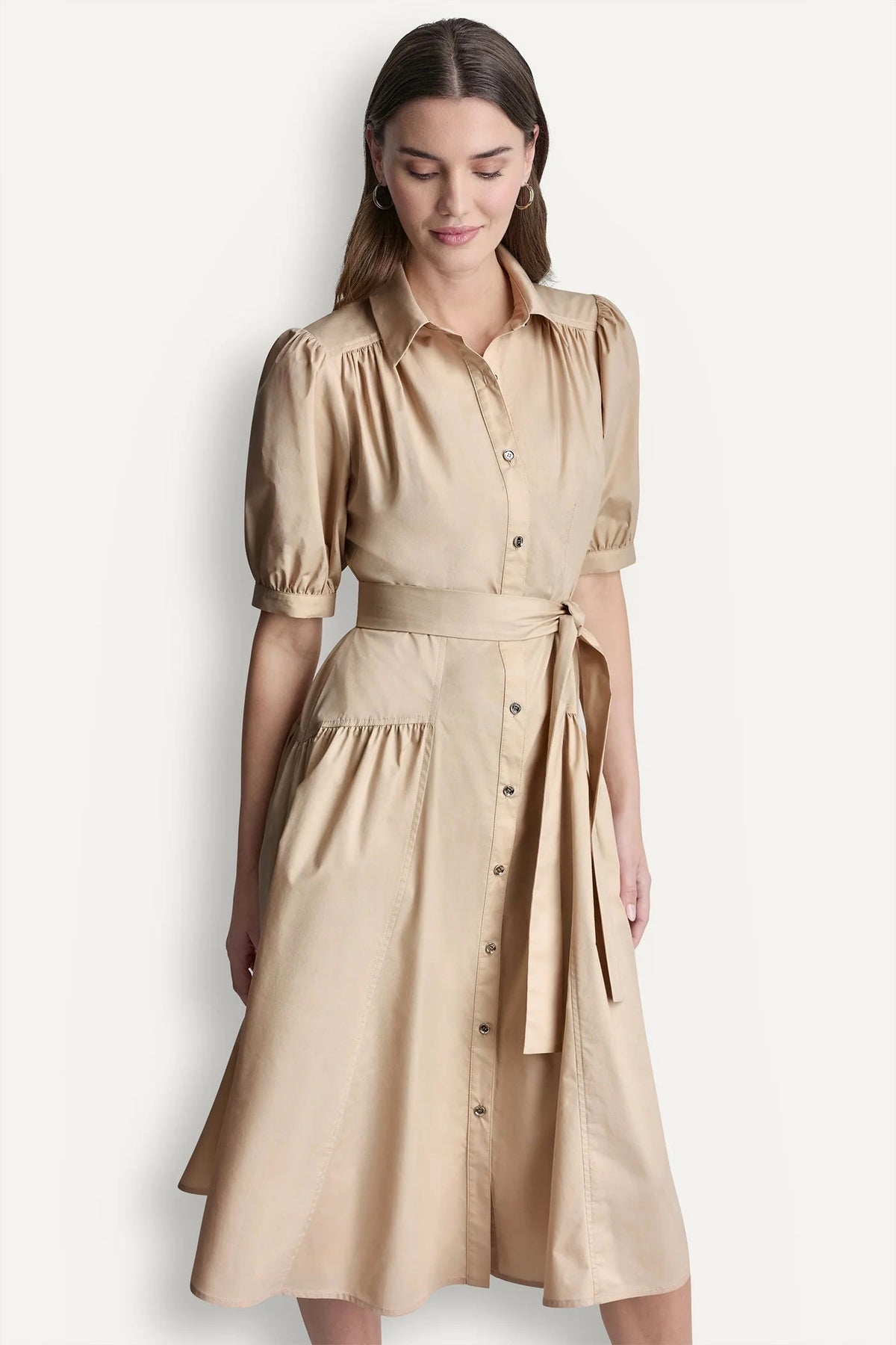 DKNY COTTON-BLEND DROP-WAIST MIDI SHIRT DRESS
