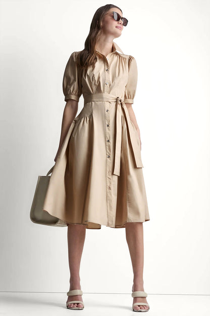 DKNY COTTON-BLEND DROP-WAIST MIDI SHIRT DRESS