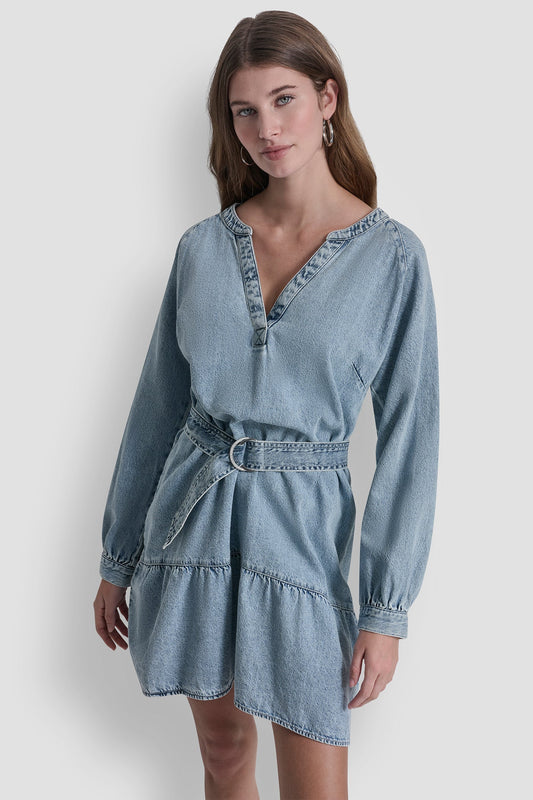 DKNY BELTED DENIM V-NECK DRESS
