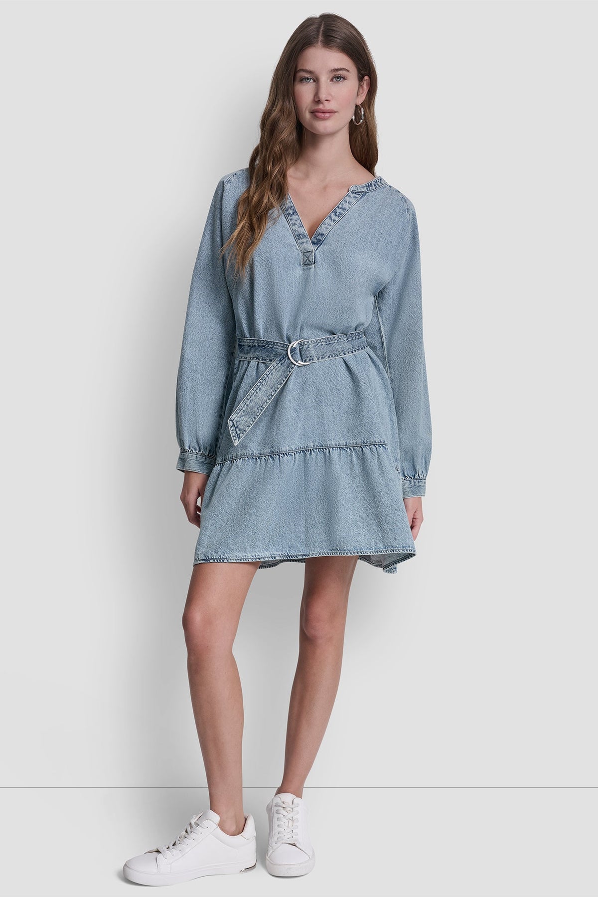 DKNY BELTED DENIM V-NECK DRESS