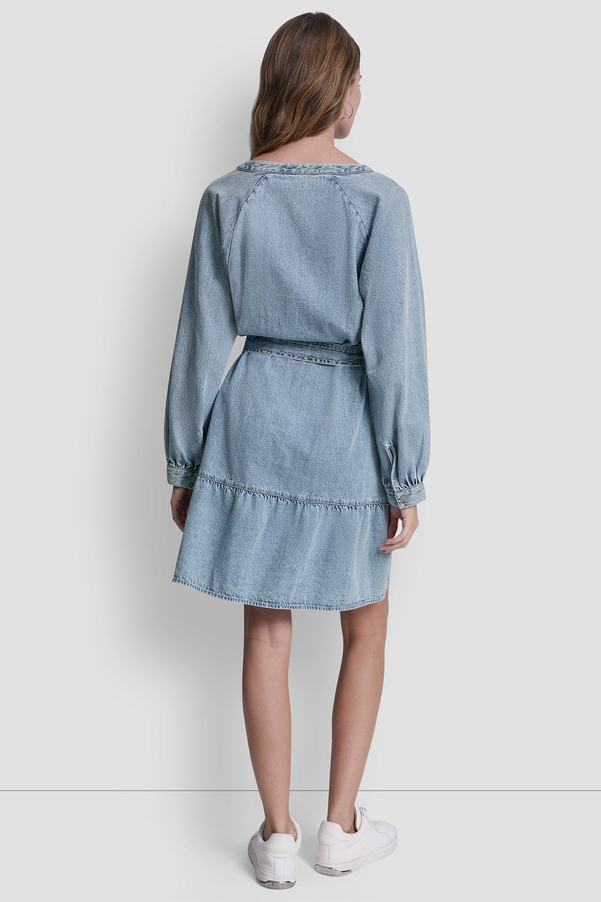DKNY BELTED DENIM V-NECK DRESS