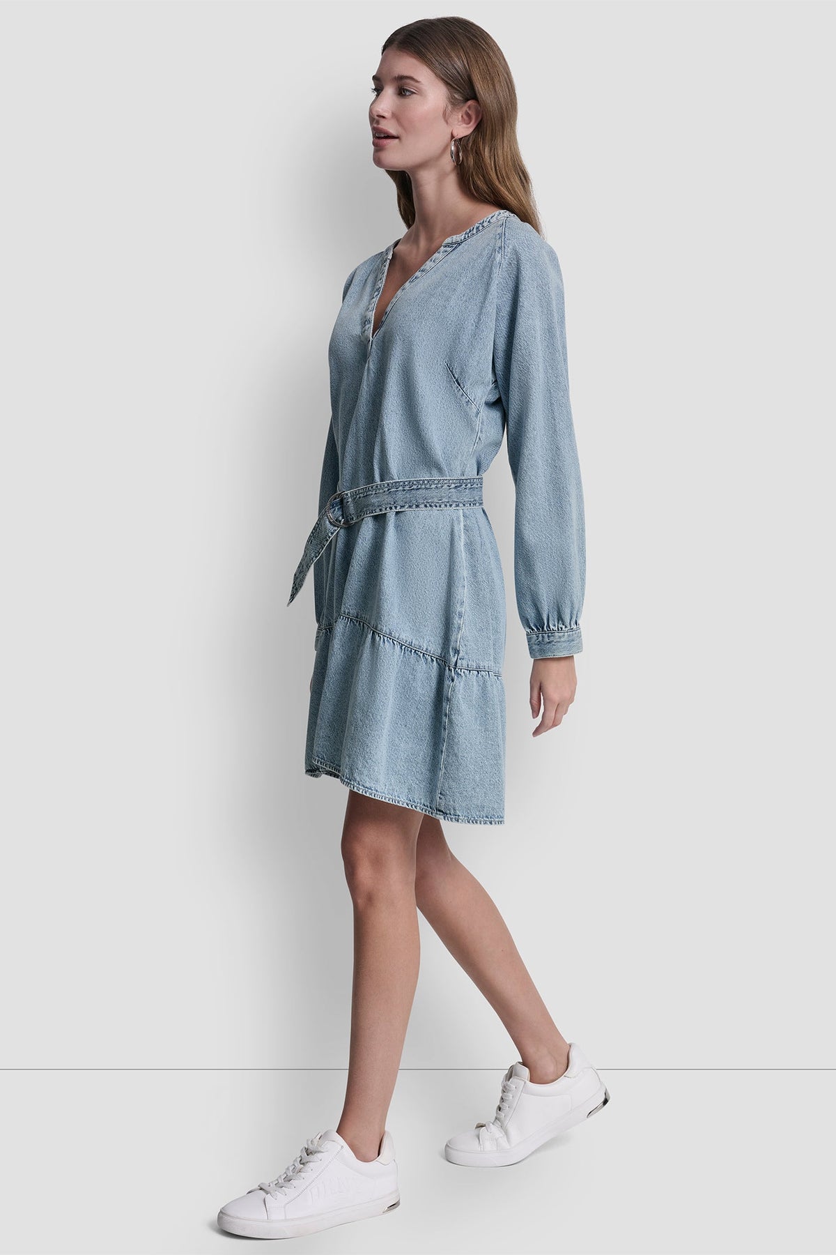 DKNY BELTED DENIM V-NECK DRESS