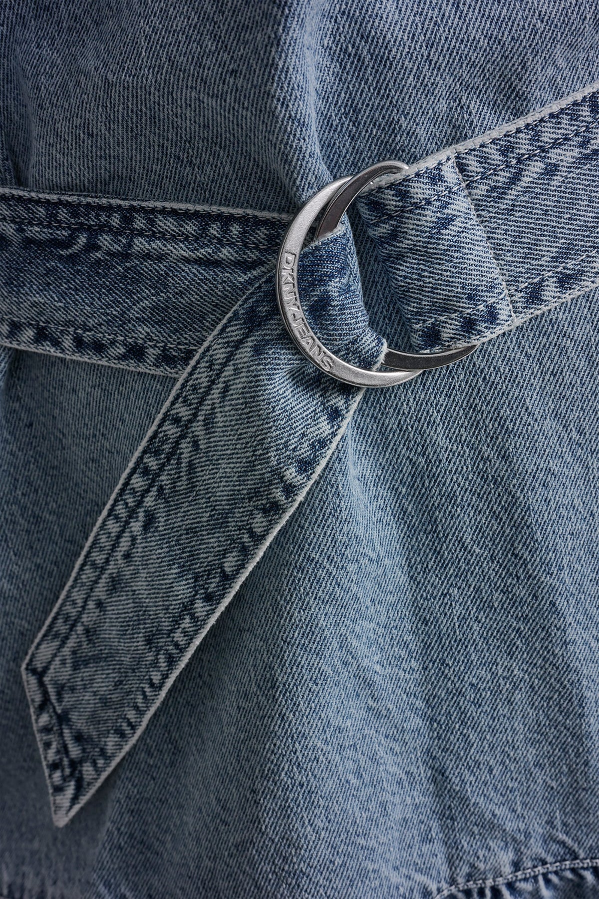 DKNY BELTED DENIM V-NECK DRESS