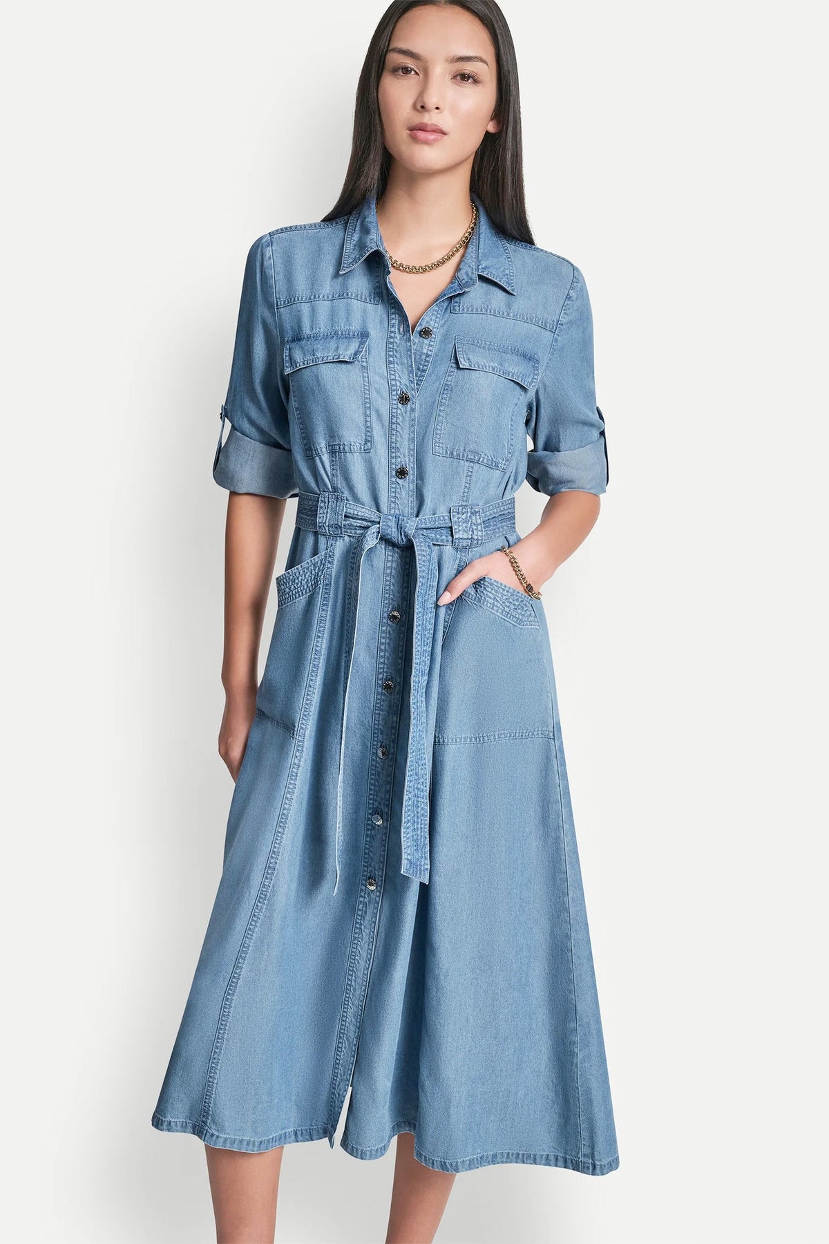 DKNY LONG SLEEVE ROLL TAB TENCEL CARGO DRESS