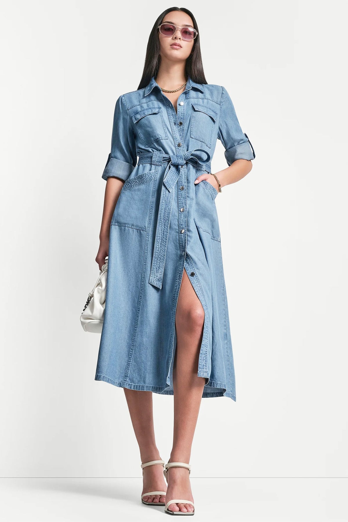 DKNY LONG SLEEVE ROLL TAB TENCEL CARGO DRESS