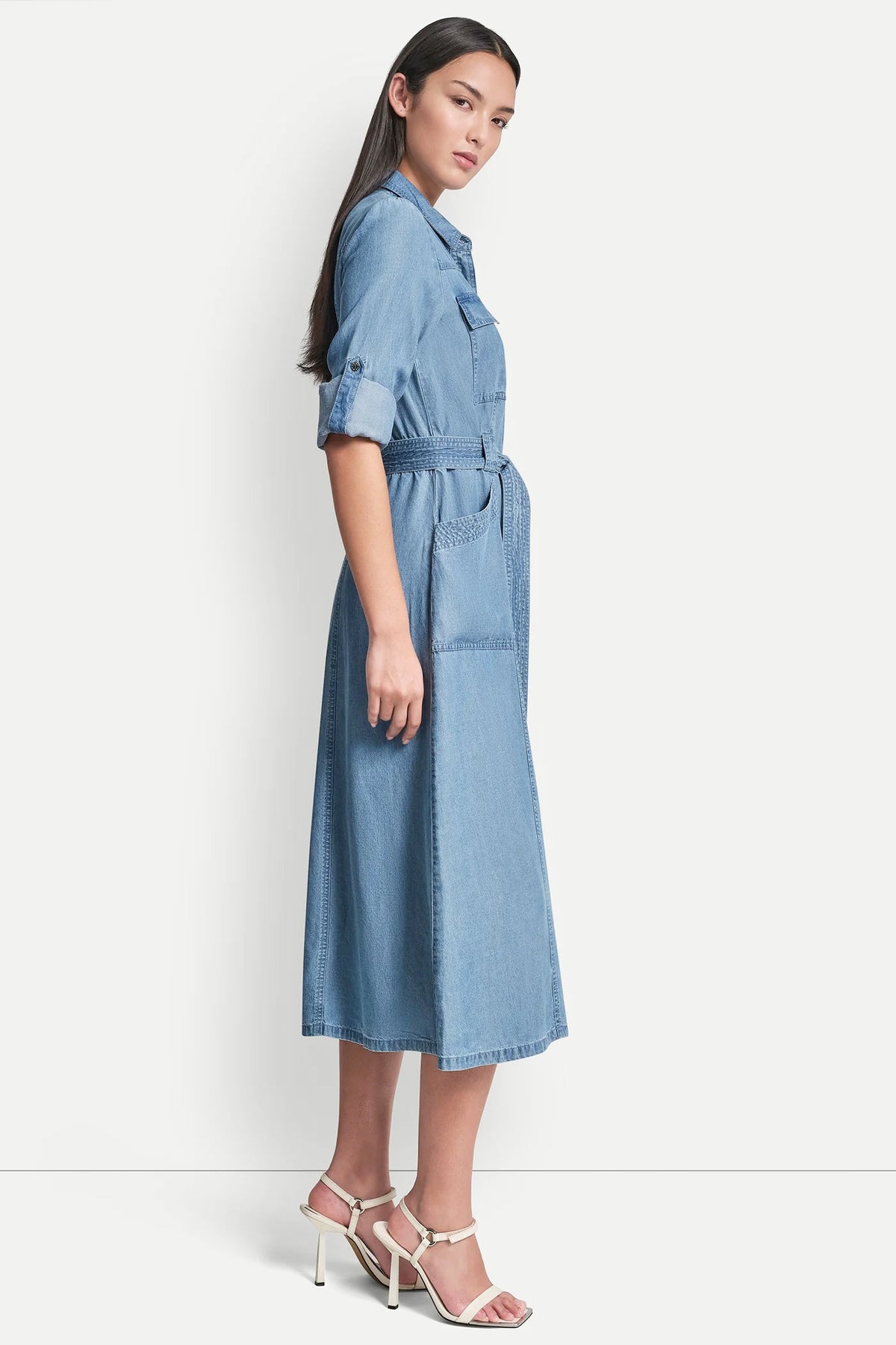DKNY LONG SLEEVE ROLL TAB TENCEL CARGO DRESS