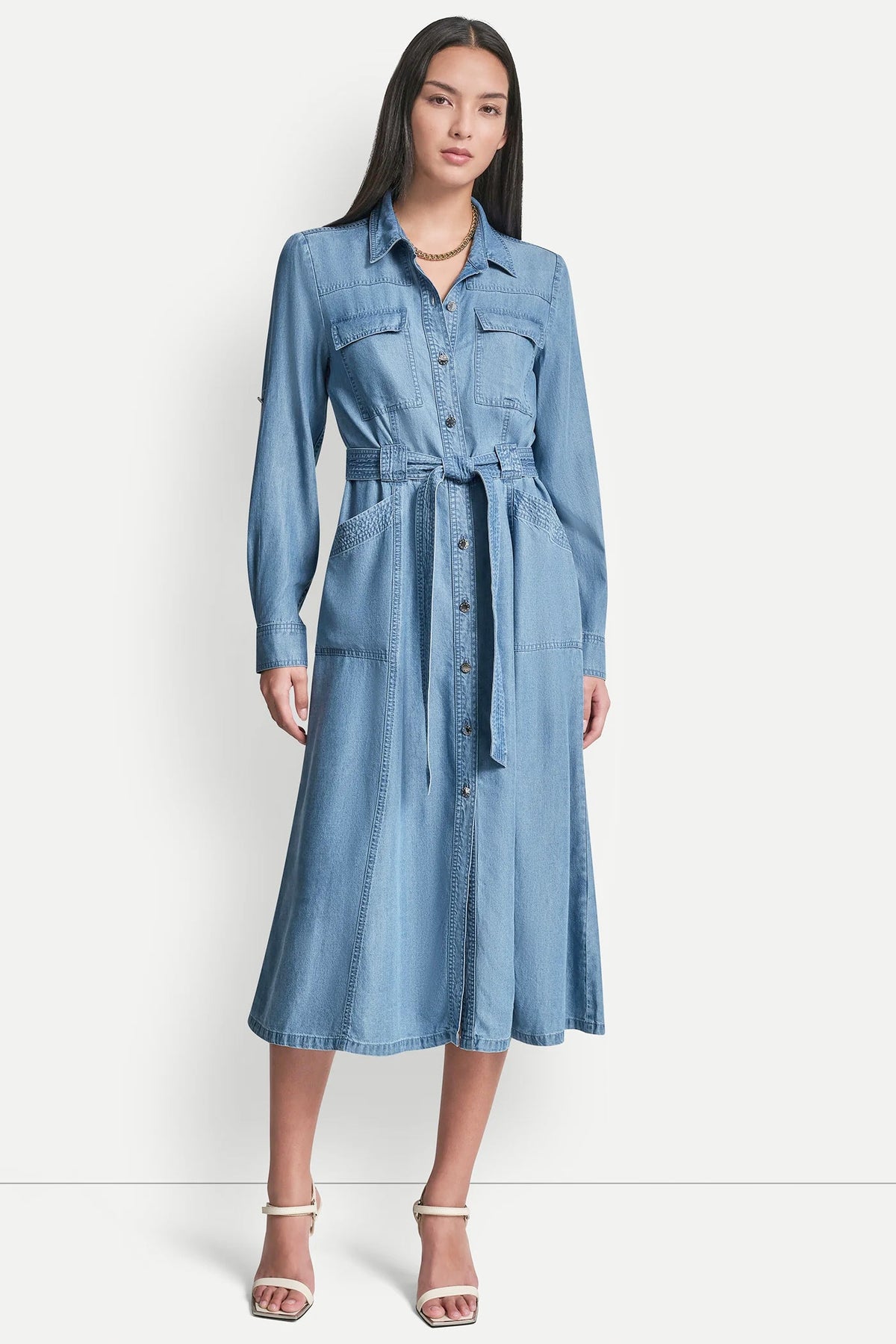 DKNY LONG SLEEVE ROLL TAB TENCEL CARGO DRESS