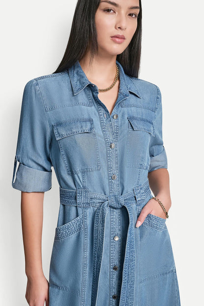 DKNY LONG SLEEVE ROLL TAB TENCEL CARGO DRESS