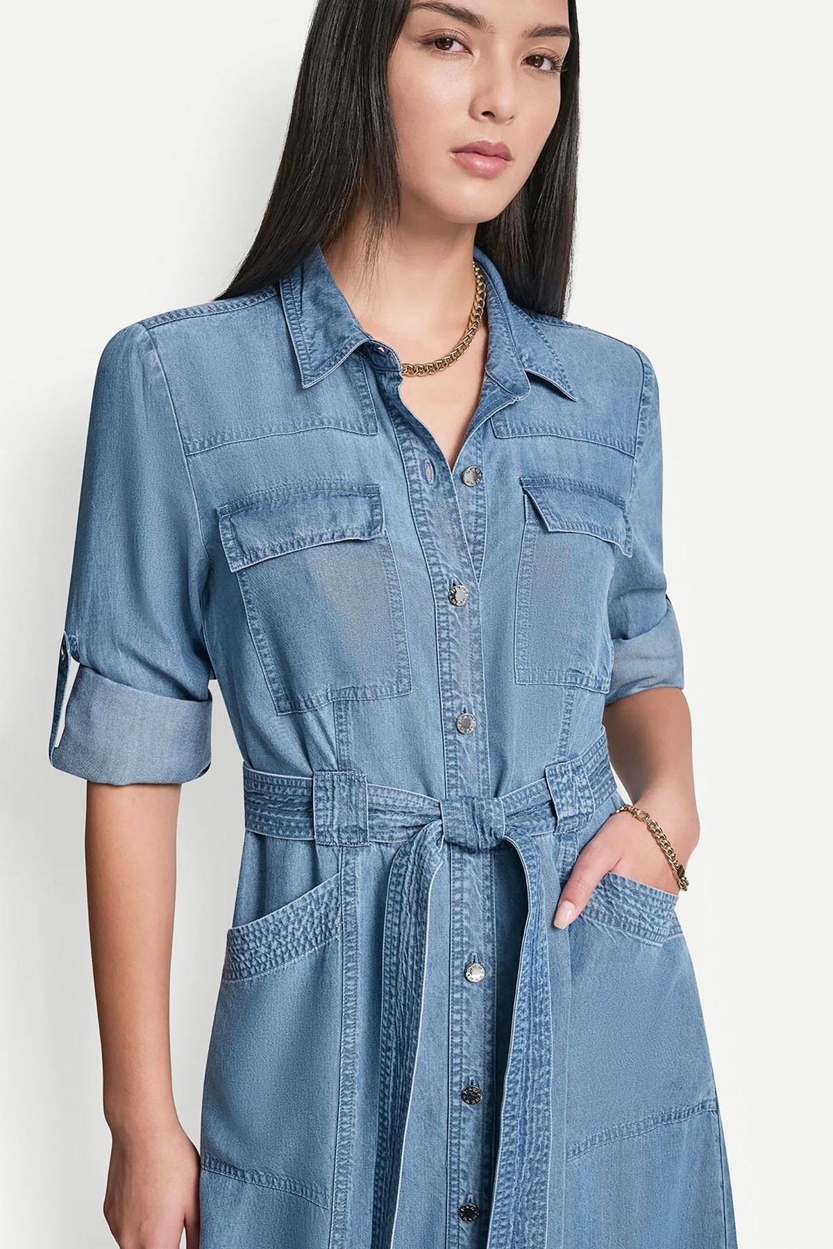 DKNY LONG SLEEVE ROLL TAB TENCEL CARGO DRESS