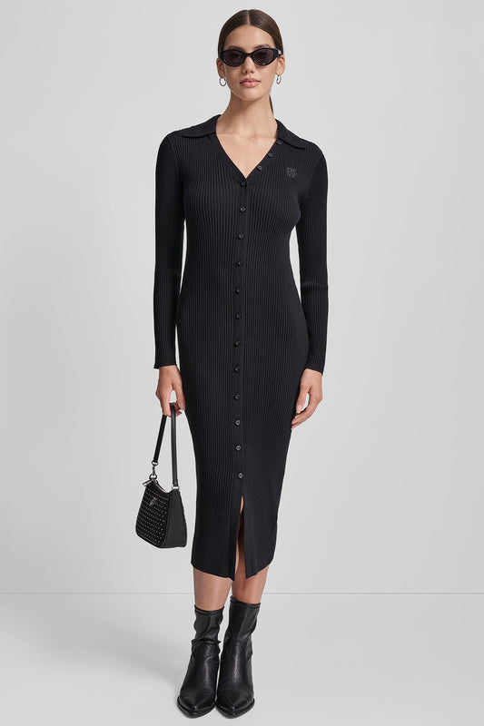 DKNY RIB-KNIT MIDI POLO DRESS