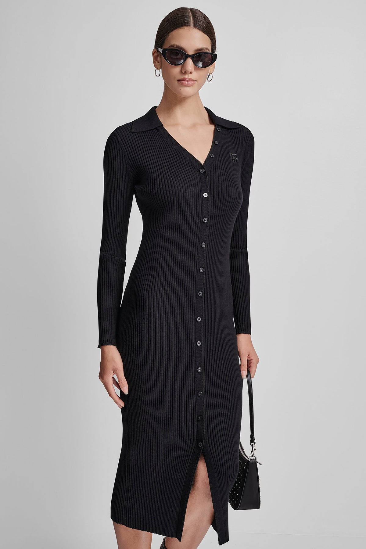 DKNY RIB-KNIT MIDI POLO DRESS