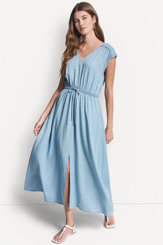 DKNY RUCHED V-NECK DRESS WITH TIE WAIST