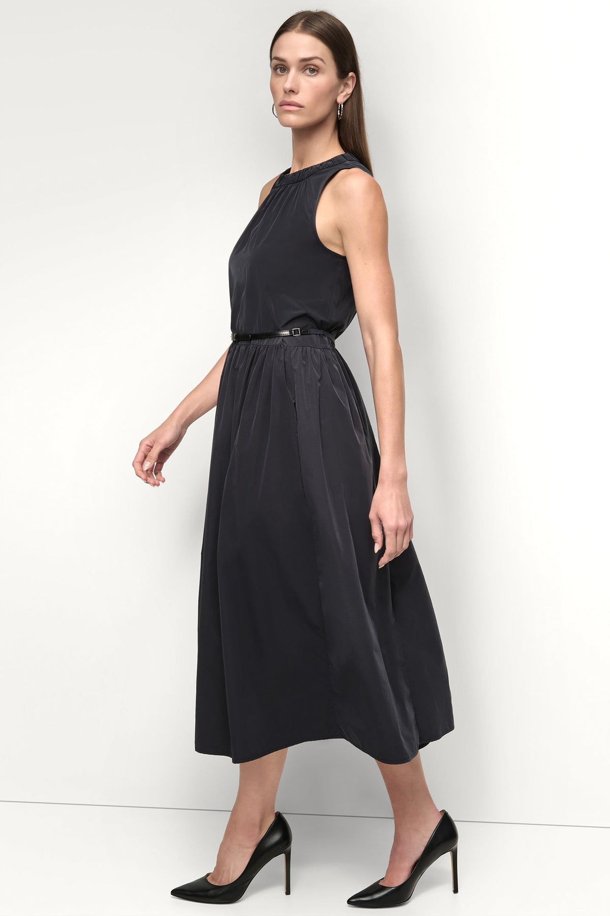 DKNY SLEEVELESS GATHERED MIDI A-LINE DRESS