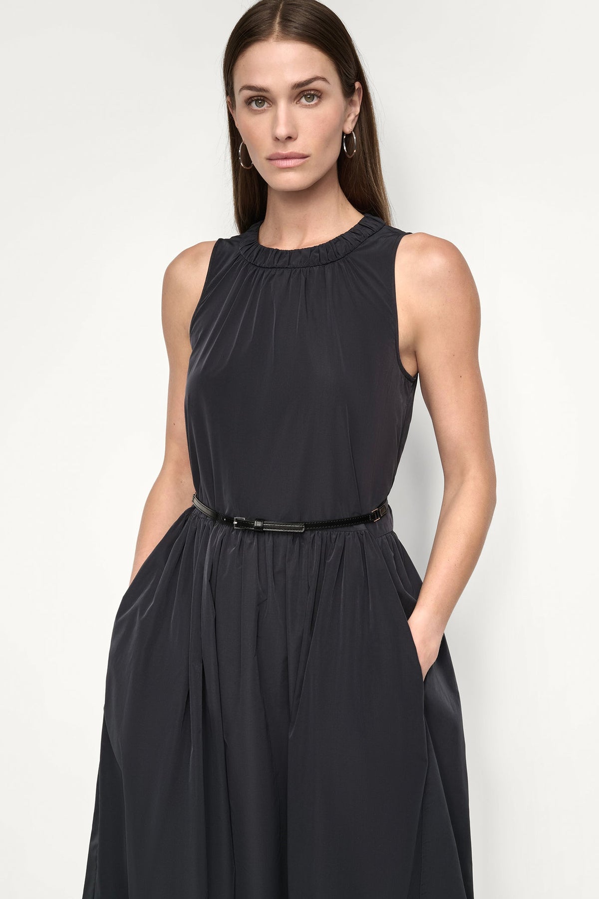 DKNY SLEEVELESS GATHERED MIDI A-LINE DRESS