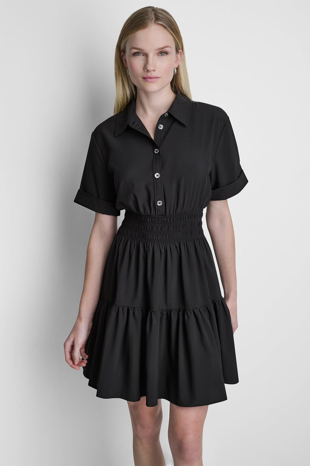 DKNY SMOCKED WAIST MINI SHIRT DRESS