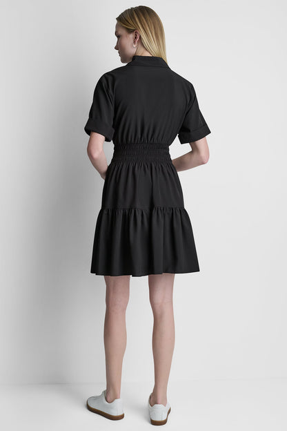 DKNY SMOCKED WAIST MINI SHIRT DRESS