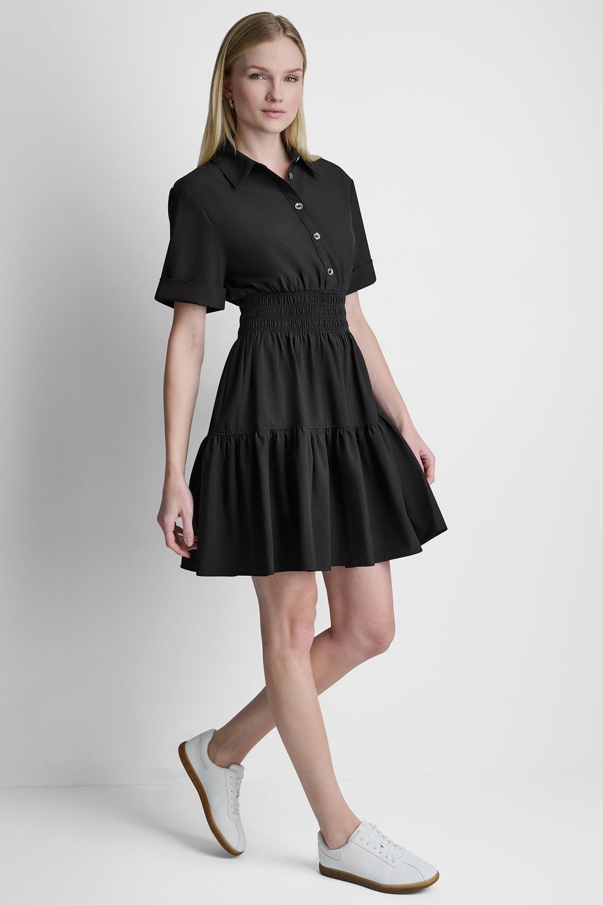 DKNY SMOCKED WAIST MINI SHIRT DRESS