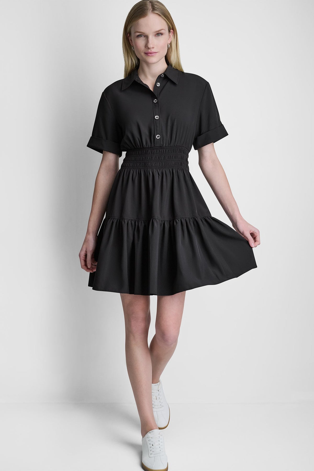 DKNY SMOCKED WAIST MINI SHIRT DRESS