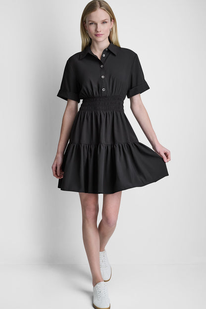 DKNY SMOCKED WAIST MINI SHIRT DRESS