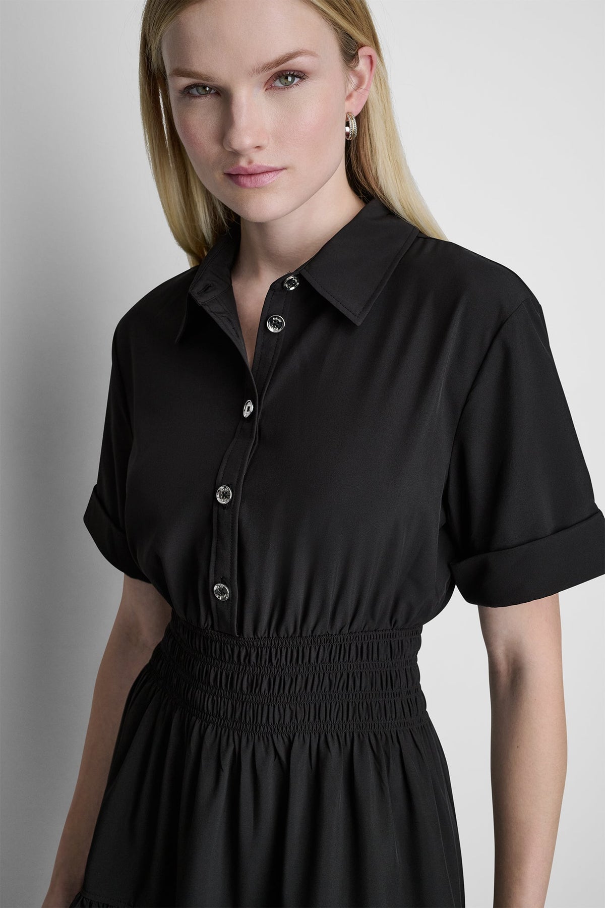 DKNY SMOCKED WAIST MINI SHIRT DRESS