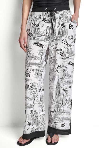 DKNY PRINTED DRAWSTRING WIDE LEG PANT