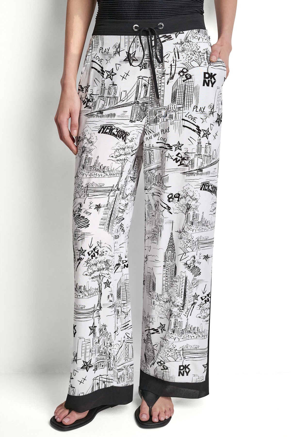 DKNY PRINTED DRAWSTRING WIDE LEG PANT