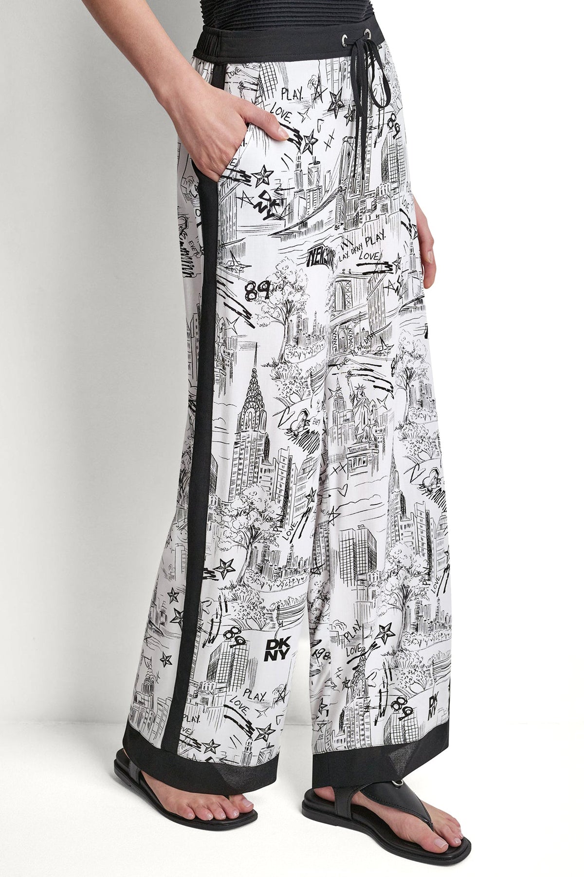 DKNY PRINTED DRAWSTRING WIDE LEG PANT